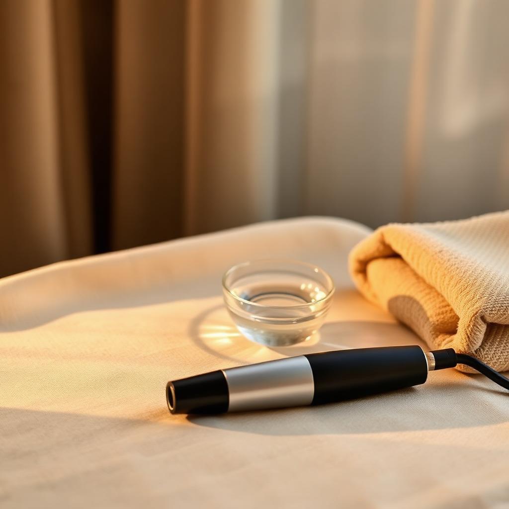 Medical-grade laser hair removal handpiece and cooling gel on soft linen at Rollo House Longniddry