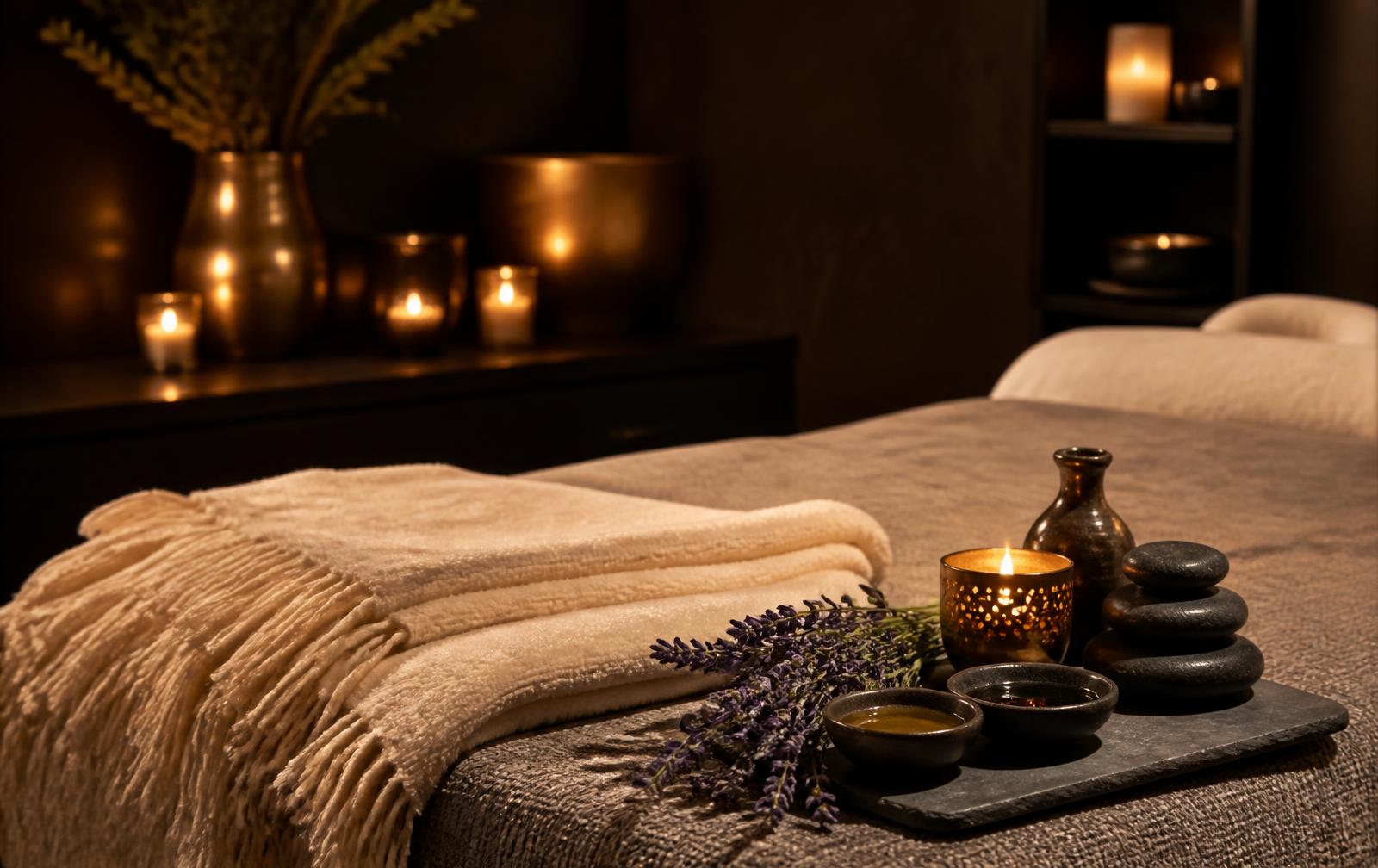Cashmere throw and hot stones prepared for a massage session