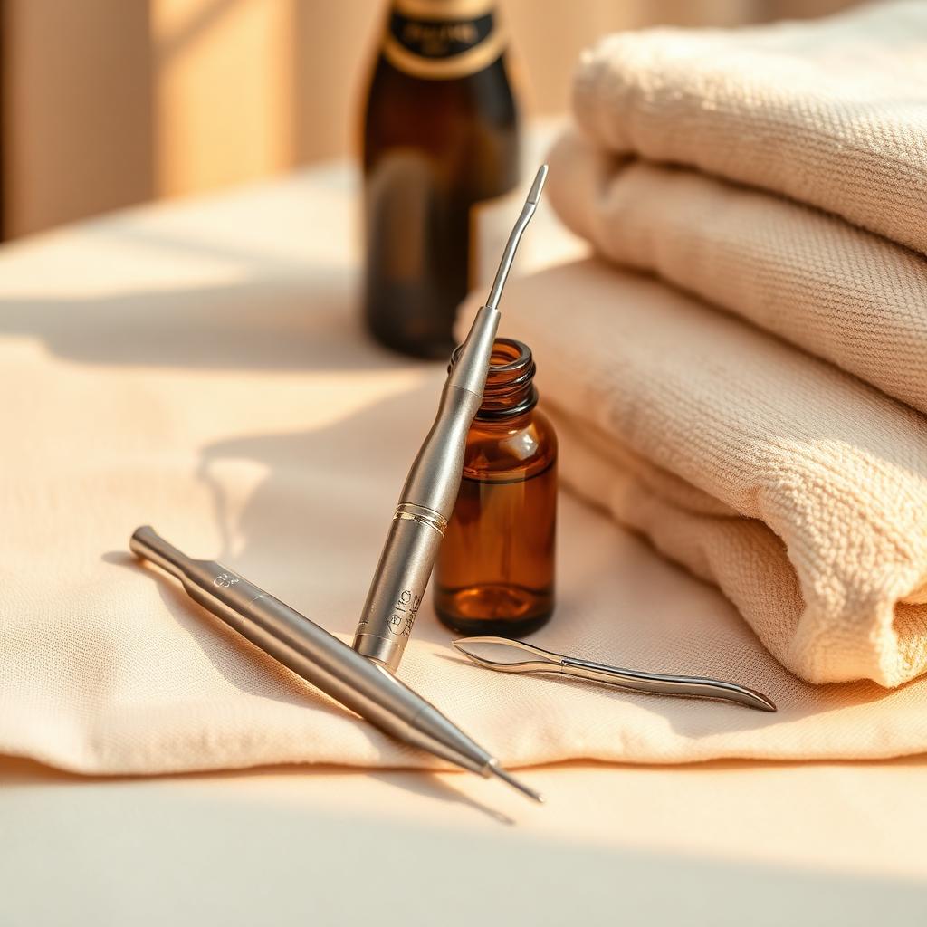 Apilus electrolysis probe and fine tweezers on soft linen at Rollo House Longniddry