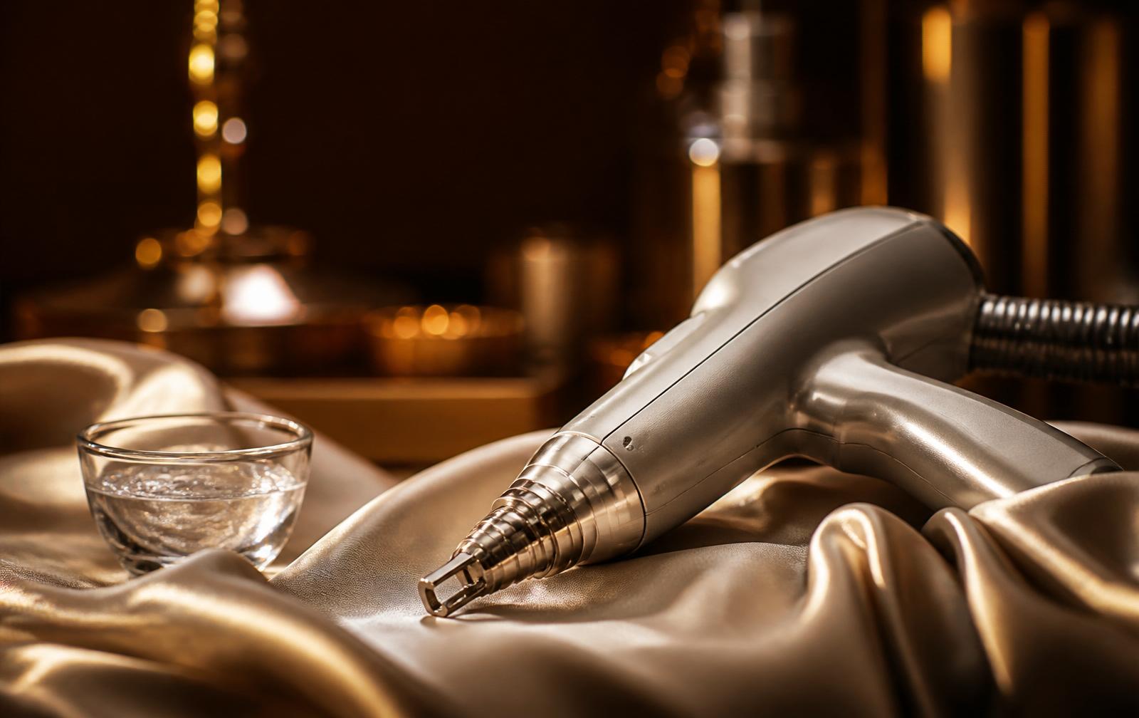 Laser tattoo removal handpiece and cooling gel on a linen surface
