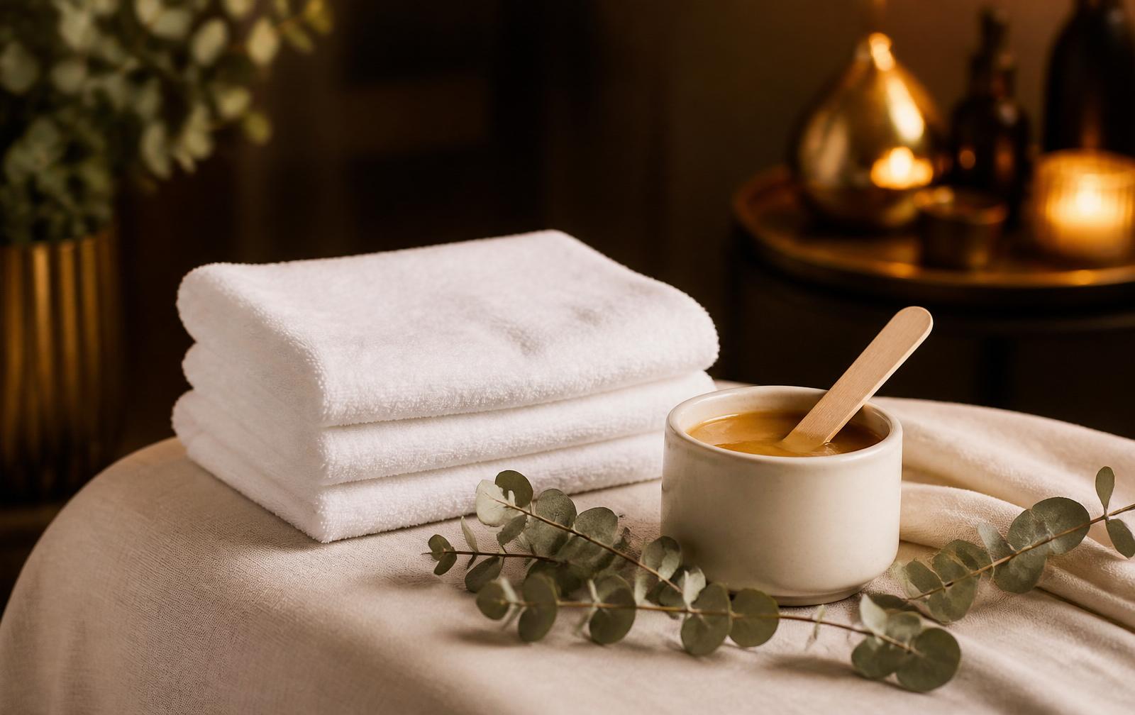 Warm wax pot and soft towels prepared in the private intimate waxing room